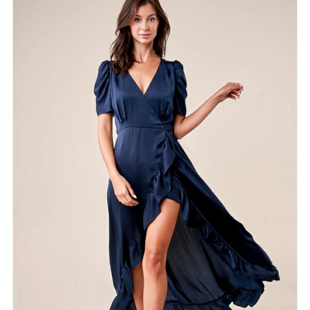 NEW navy maxi ruffle puff sleeve wrap dress XS